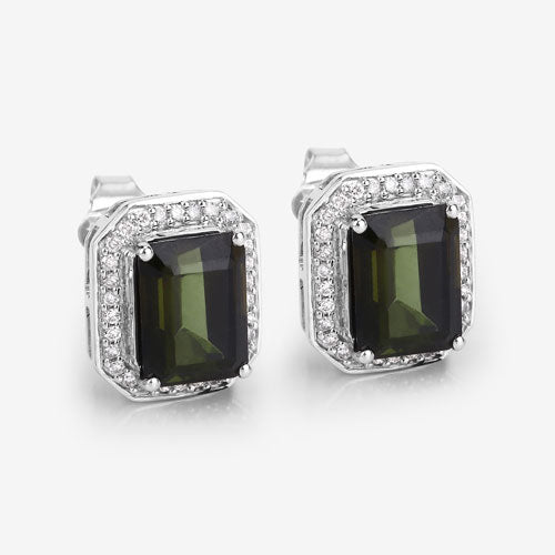 Bids.com 3.57 Carat Genuine Green Tourmaline and White Diamond 14K White Gold Earrings Earrings
