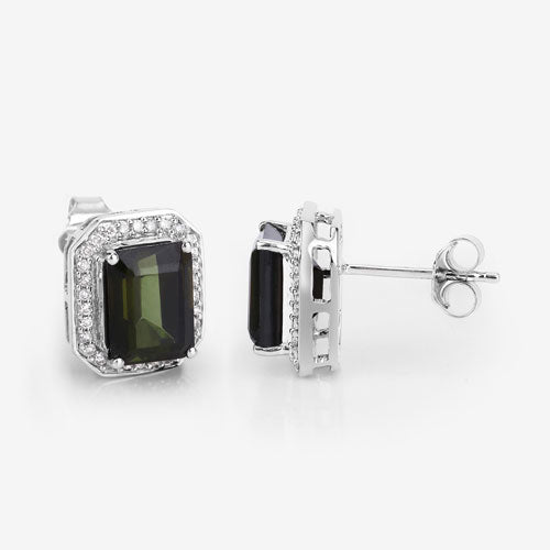 Bids.com 3.57 Carat Genuine Green Tourmaline and White Diamond 14K White Gold Earrings Earrings