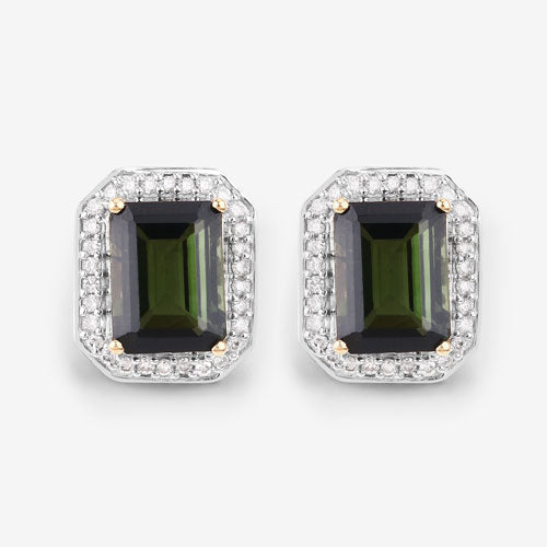 Bids.com 3.57 Carat Genuine Green Tourmaline and White Diamond 14K Yellow Gold Earrings Earrings