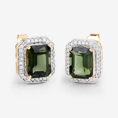 Bids.com 3.57 Carat Genuine Green Tourmaline and White Diamond 14K Yellow Gold Earrings Earrings