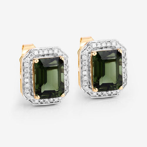 Bids.com 3.57 Carat Genuine Green Tourmaline and White Diamond 14K Yellow Gold Earrings Earrings