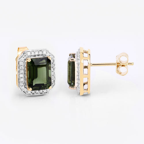 Bids.com 3.57 Carat Genuine Green Tourmaline and White Diamond 14K Yellow Gold Earrings Earrings