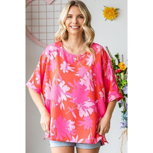 First Love Slit Printed Round Neck Half Sleeve Blouse