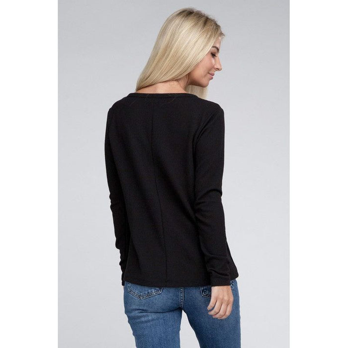 Melange Baby Waffle V-Neck Long Sleeve Top