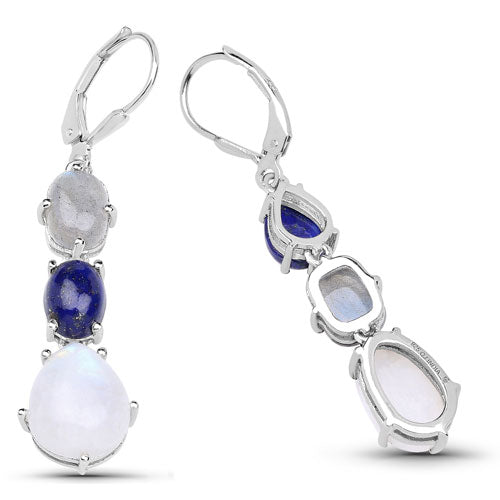 Bids.com 10.17 Carat Genuine Lapis, Labradorite and White Rainbow Moonstone .925 Sterling Silver Earrings Earrings