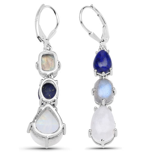 Bids.com 10.17 Carat Genuine Lapis, Labradorite and White Rainbow Moonstone .925 Sterling Silver Earrings Earrings