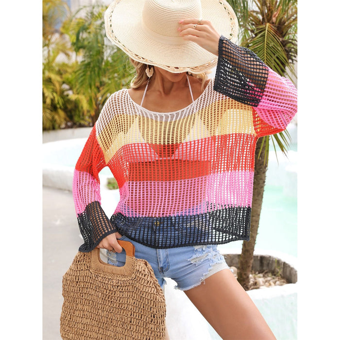 Color Block Openwork Boat Neck Cover Up