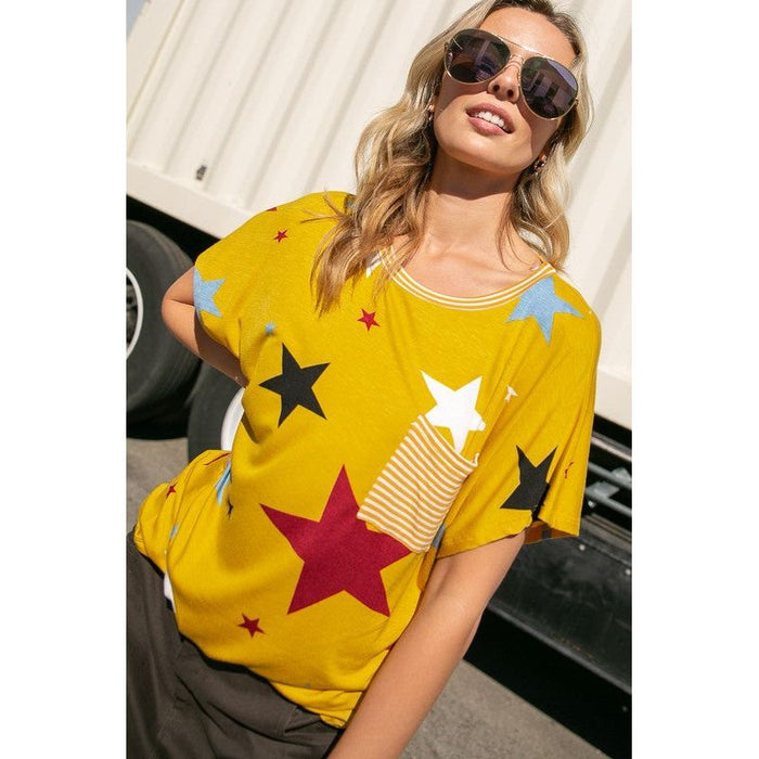 STAR PRINT STRIPE JERSEY POCKET TOP