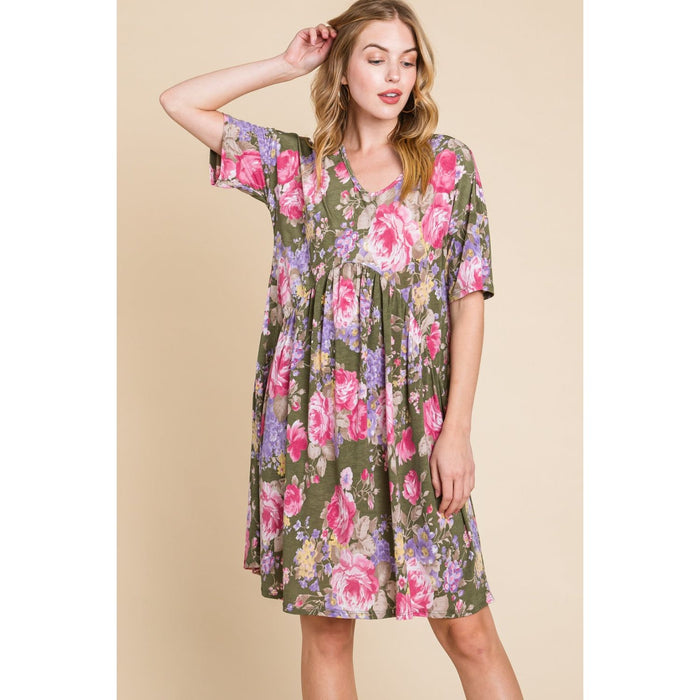 BOMBOM Flower Print V-Neck Ruched Dress