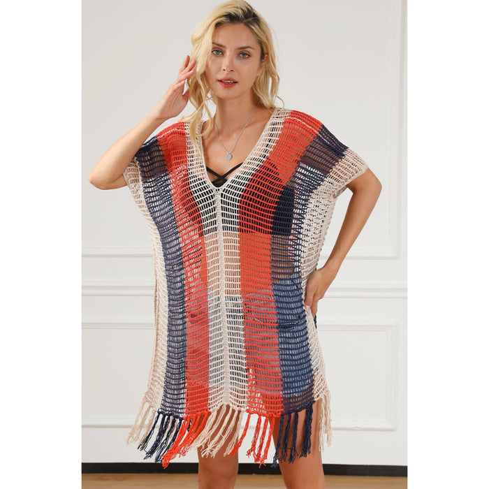 Tassel Color Block V-Neck Cover Up