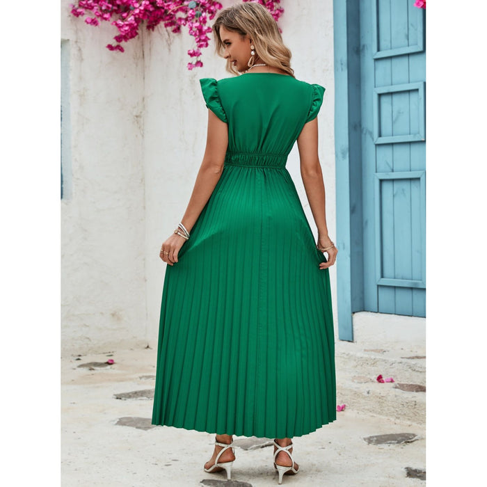 Tied Ruffled V-Neck Pleated Dress