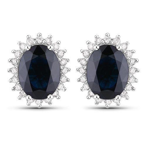 Bids.com 3.32 Carat Genuine Blue Sapphire and White Diamond 14K White Gold Earrings Earrings
