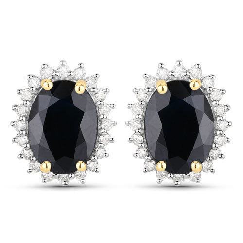 Bids.com 3.32 Carat Genuine Blue Sapphire and White Diamond 14K Yellow Gold Earrings Earrings