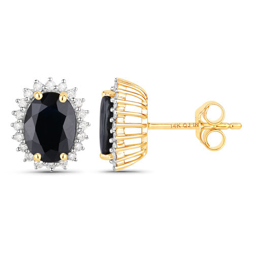 Bids.com 3.32 Carat Genuine Blue Sapphire and White Diamond 14K Yellow Gold Earrings Earrings