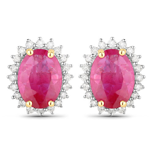 Bids.com 3.14 Carat Genuine Ruby and White Diamond 14K Yellow Gold Earrings Earrings