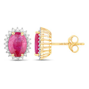 Bids.com 3.14 Carat Genuine Ruby and White Diamond 14K Yellow Gold Earrings Earrings