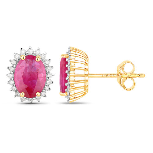 Bids.com 3.14 Carat Genuine Ruby and White Diamond 14K Yellow Gold Earrings Earrings