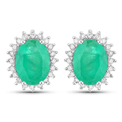 Bids.com 2.66 Carat Genuine Zambian Emerald and White Diamond 10K White Gold Earrings Earrings