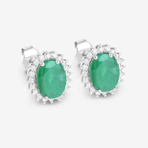 Bids.com 2.66 Carat Genuine Zambian Emerald and White Diamond 10K White Gold Earrings Earrings