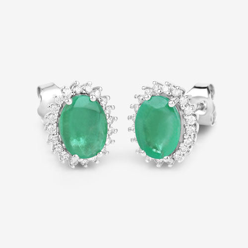 Bids.com 2.66 Carat Genuine Zambian Emerald and White Diamond 10K White Gold Earrings Earrings