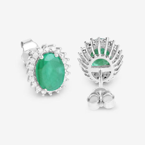 Bids.com 2.66 Carat Genuine Zambian Emerald and White Diamond 10K White Gold Earrings Earrings