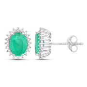 Bids.com 2.66 Carat Genuine Zambian Emerald and White Diamond 10K White Gold Earrings Earrings
