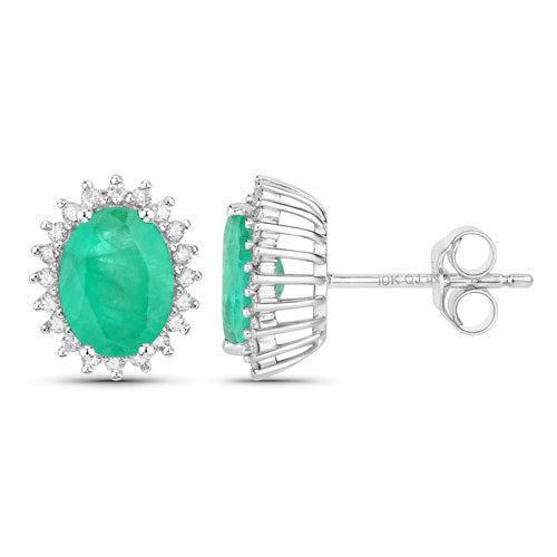 Bids.com 2.66 Carat Genuine Zambian Emerald and White Diamond 10K White Gold Earrings Earrings