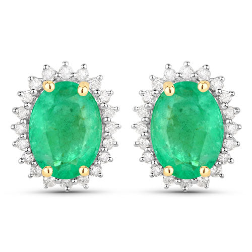 Bids.com 2.66 Carat Genuine Zambian Emerald and White Diamond 10K Yellow Gold Earrings Earrings