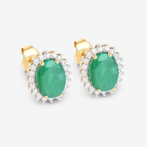 Bids.com 2.66 Carat Genuine Zambian Emerald and White Diamond 10K Yellow Gold Earrings Earrings