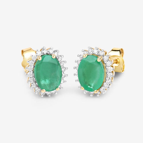 Bids.com 2.66 Carat Genuine Zambian Emerald and White Diamond 10K Yellow Gold Earrings Earrings