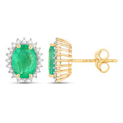 Bids.com 2.66 Carat Genuine Zambian Emerald and White Diamond 10K Yellow Gold Earrings Earrings