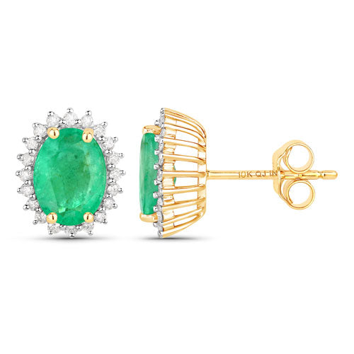 Bids.com 2.66 Carat Genuine Zambian Emerald and White Diamond 10K Yellow Gold Earrings Earrings