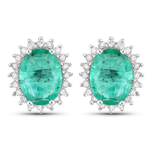 Bids.com 2.66 Carat Genuine Zambian Emerald and White Diamond 14K White Gold Earrings Earrings