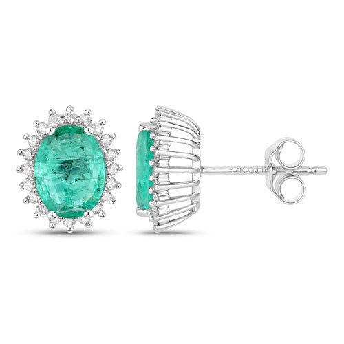 Bids.com 2.66 Carat Genuine Zambian Emerald and White Diamond 14K White Gold Earrings Earrings