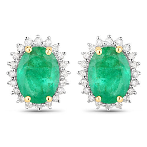 Bids.com 2.66 Carat Genuine Zambian Emerald and White Diamond 14K Yellow Gold Earrings Earrings