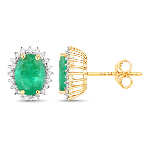 Bids.com 2.66 Carat Genuine Zambian Emerald and White Diamond 14K Yellow Gold Earrings Earrings