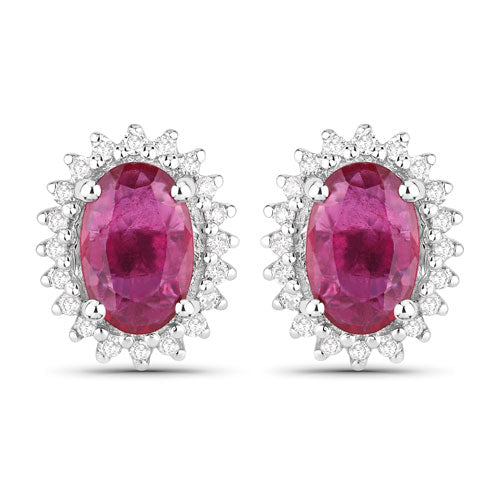 Bids.com 1.16 Carat Genuine Ruby and White Diamond 14K White Gold Earrings Earrings