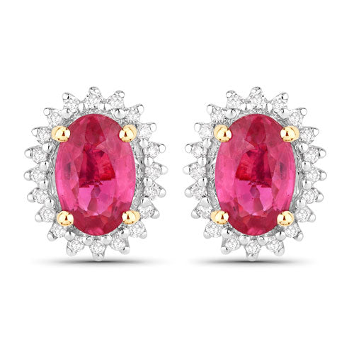 Bids.com 1.16 Carat Genuine Ruby and White Diamond 14K Yellow Gold Earrings Earrings