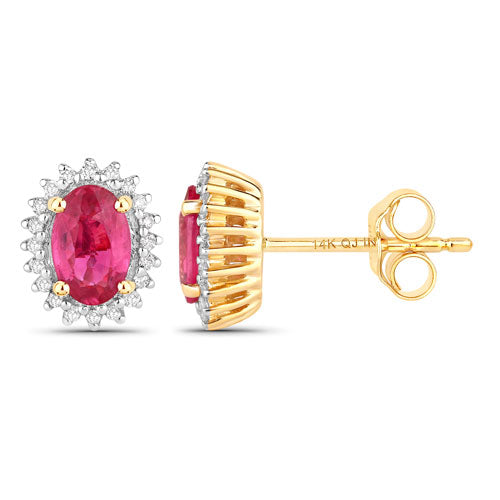 Bids.com 1.16 Carat Genuine Ruby and White Diamond 14K Yellow Gold Earrings Earrings