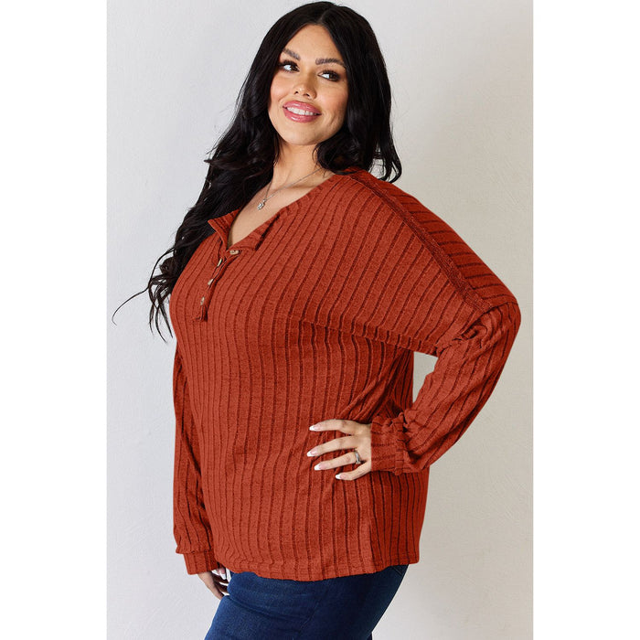 Basic Bae Ribbed Half Button Long Sleeve T-Shirt