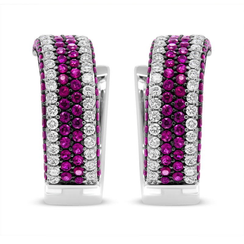 Bids.com 18K White Gold 1 7/8 Cttw Diamond and 1mm Round Red Ruby Open Swish Hoop Earrings (F-G Color, VS1-VS2 Clarity) Earrings