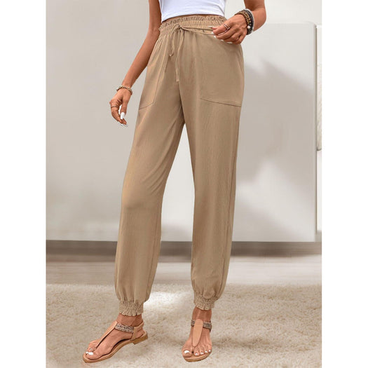 Tied Elastic Waist Pants with Pockets