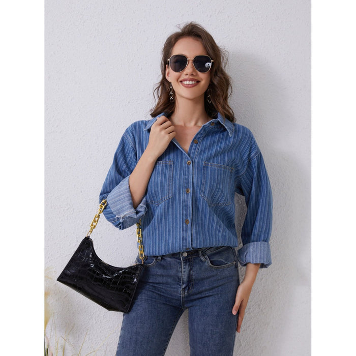 Pocketed Striped Button Up Denim Shirt