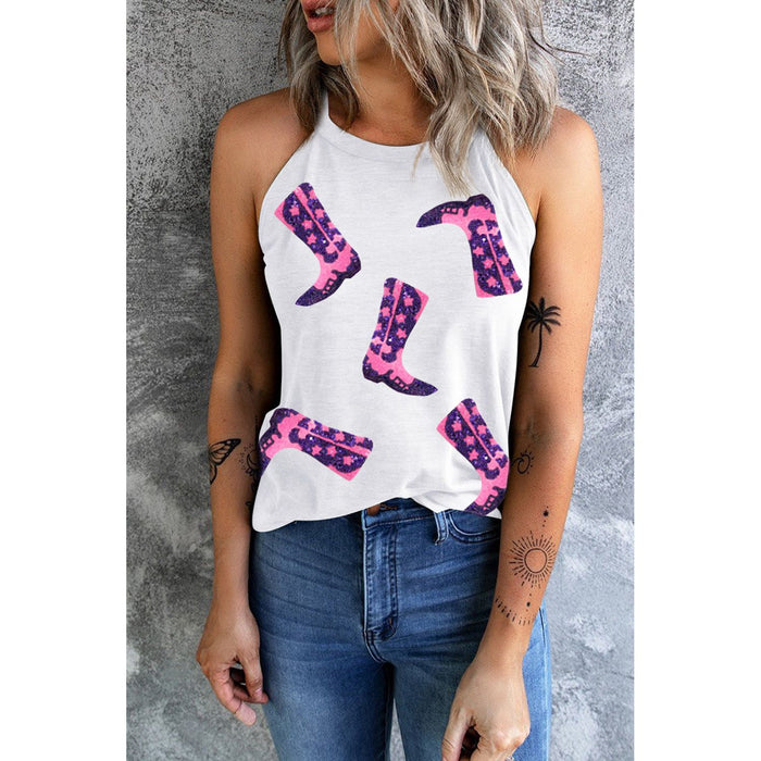 Sequin Boots Print Round Neck Tank