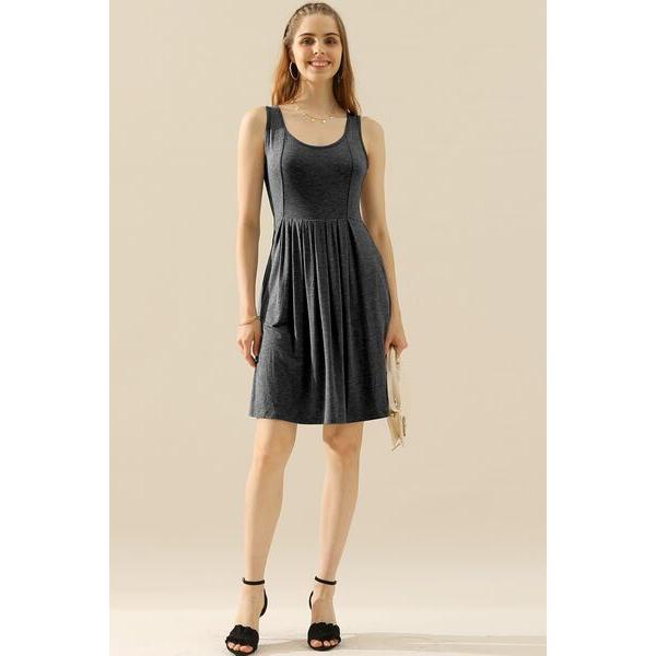 Doublju Round Neck Ruched Sleeveless Dress with Pockets