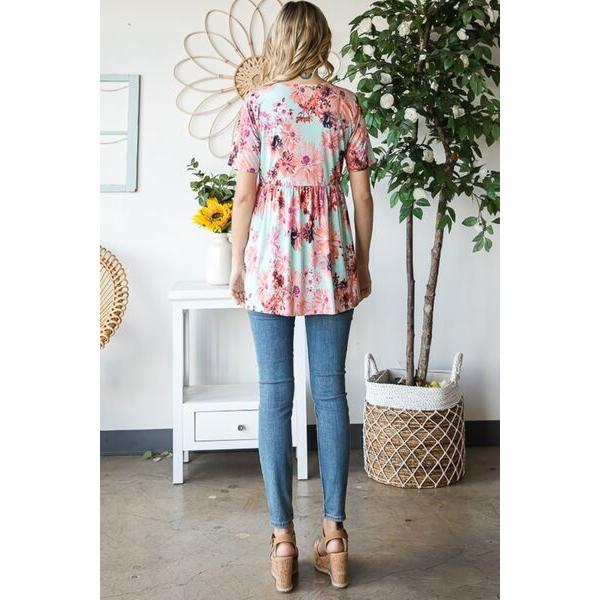 Heimish Floral V-Neck Short Sleeve Babydoll Blouse