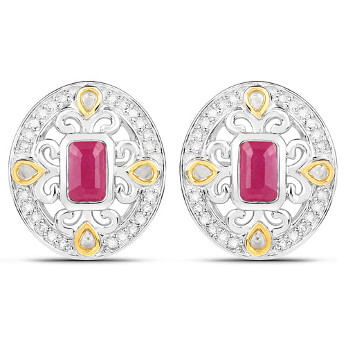 Bids.com 0.77 Carat Genuine Ruby and White Diamond .925 Sterling Silver Earrings Earrings