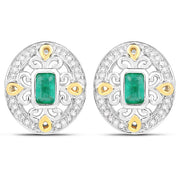 Bids.com 0.69 Carat Genuine Zambian Emerald and White Diamond .925 Sterling Silver Earrings Earrings