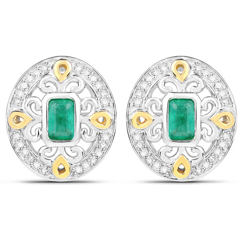 Bids.com 0.69 Carat Genuine Zambian Emerald and White Diamond .925 Sterling Silver Earrings Earrings