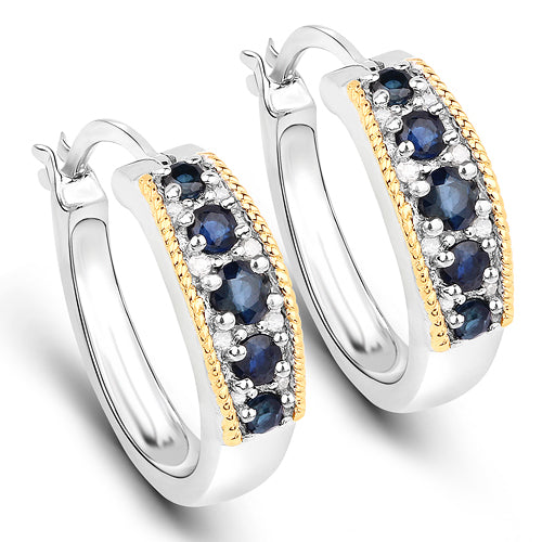 Bids.com 0.70 Carat Genuine Blue Sapphire and White Diamond .925 Sterling Silver with 14K Yellow Gold Earrings Earrings
